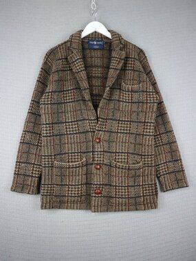 Ralph Lauren Plaid Glen Check Pattern 100% Wool Blazer Sport Coat L Large VTG
